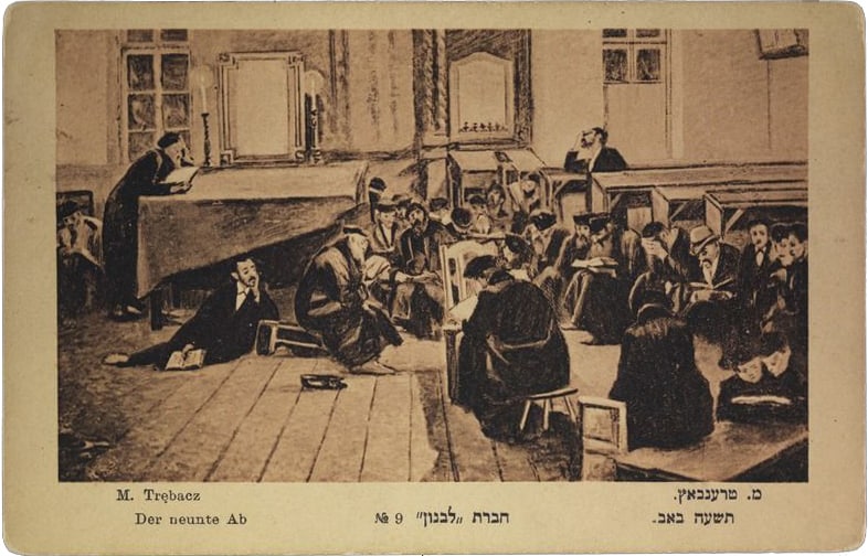 Jews praying at synagogue on the night of Tisha B’Av