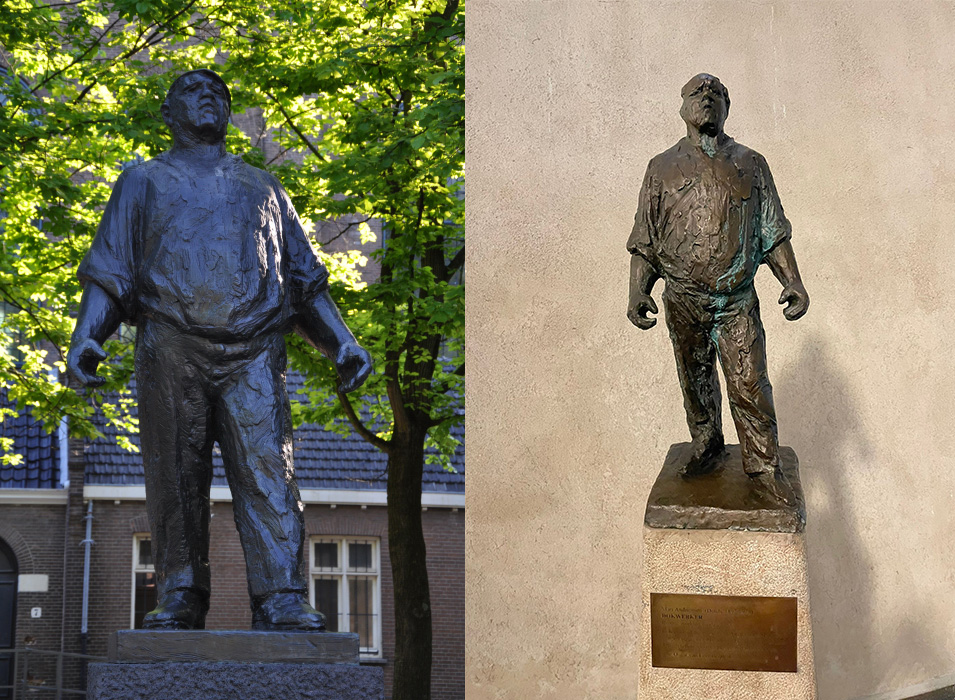 Right: a model of “The Dockworker” at the Van Leer Jerusalem Institute. Left “The Dockworker” standing in a plaza in Amsterdam. Photo: Creative Commons the Netherlands, Gus Maussen